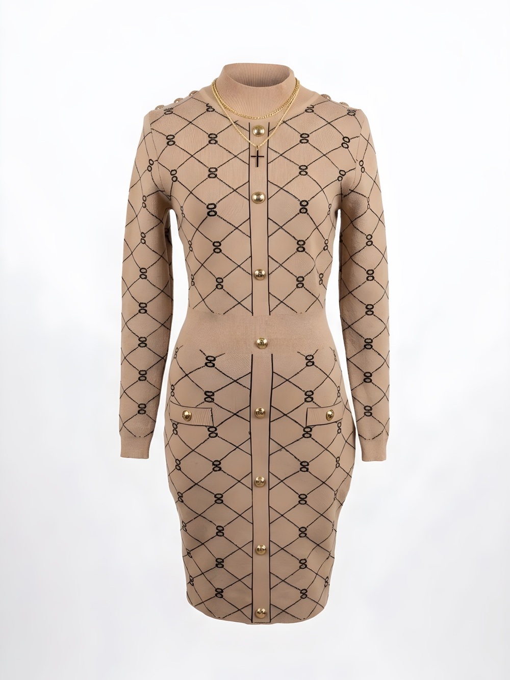 Gucci Type  - Love Look Tan Geometric Knit Long-Sleeve Dress with Gold Buttons